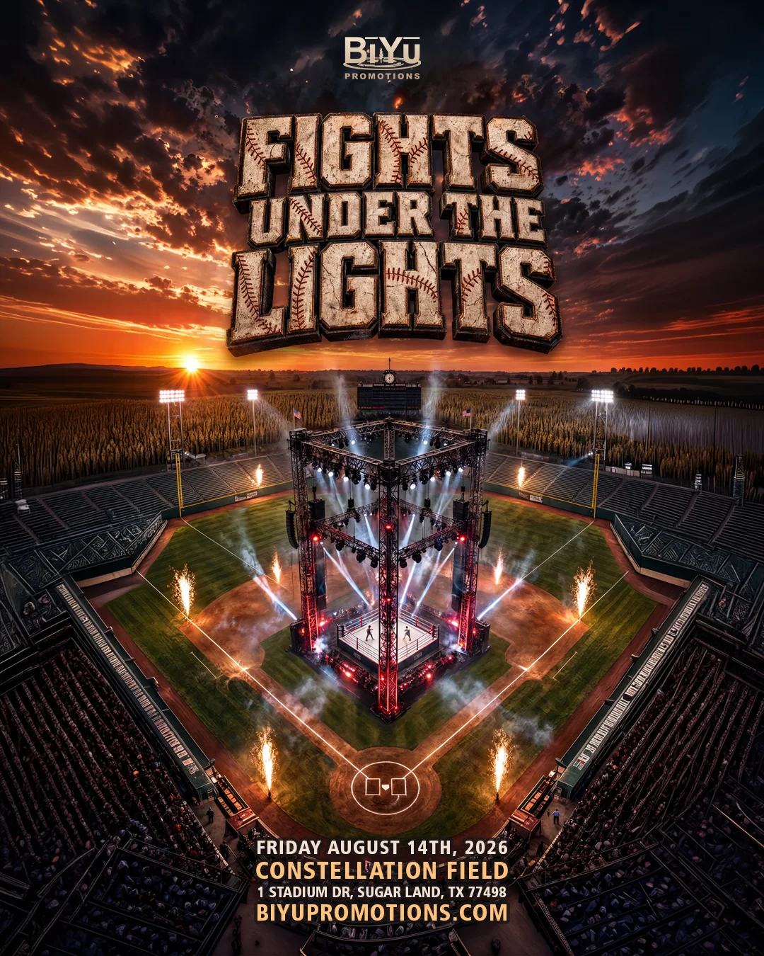 Fights Under The Lights — BiYu Promotions. Friday August 14, 2026 at Constellation Field, Sugar Land, TX.