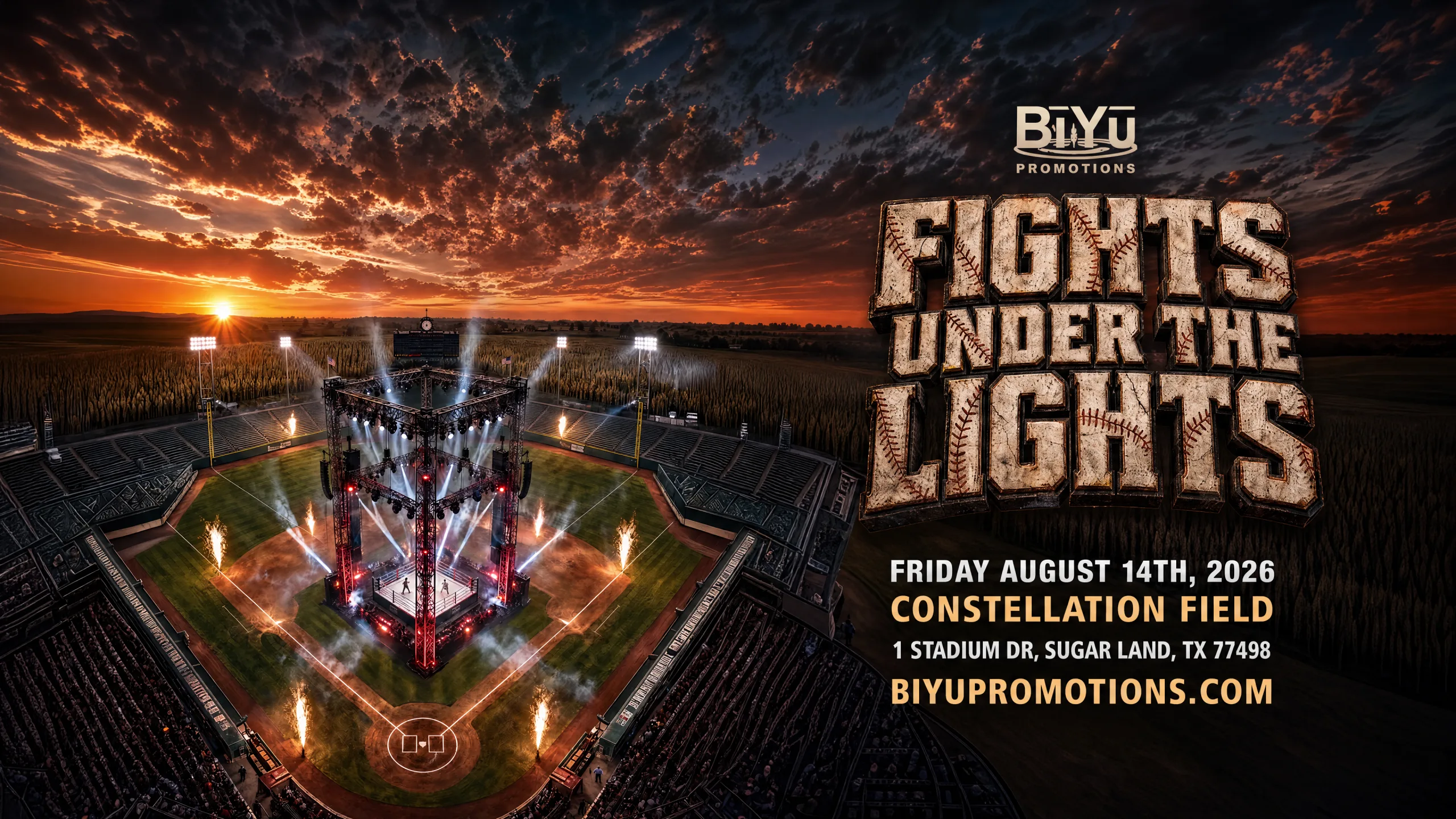 Fights Under The Lights — BiYu Promotions. Friday August 14, 2026 at Constellation Field, Sugar Land, TX.