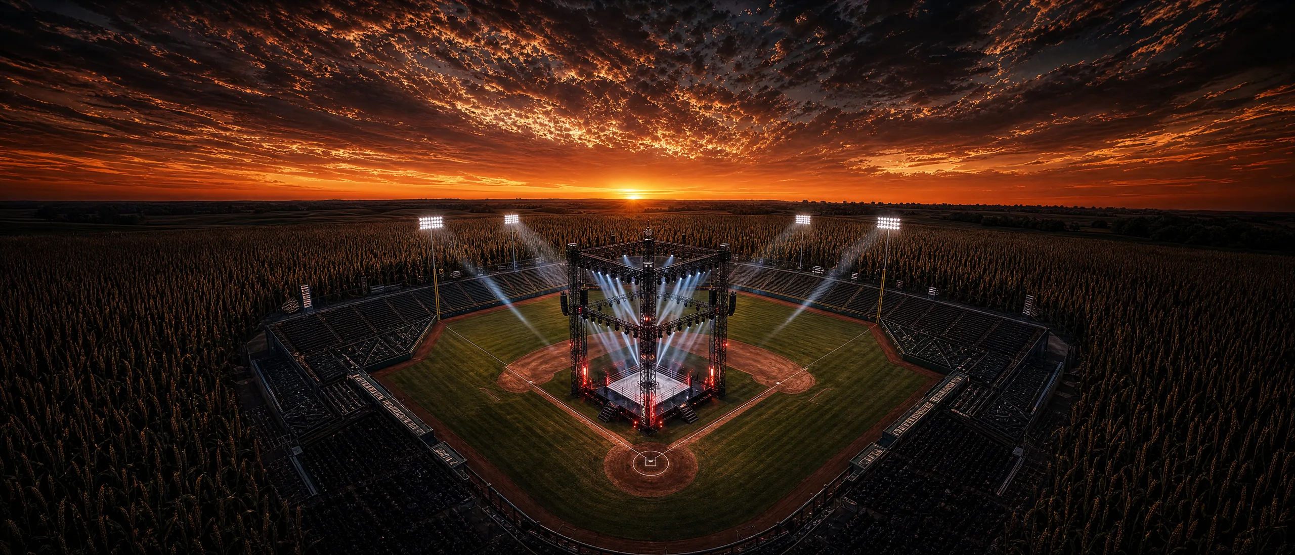 Boxing ring rigged with stage lighting at home plate of Constellation Field at sunset