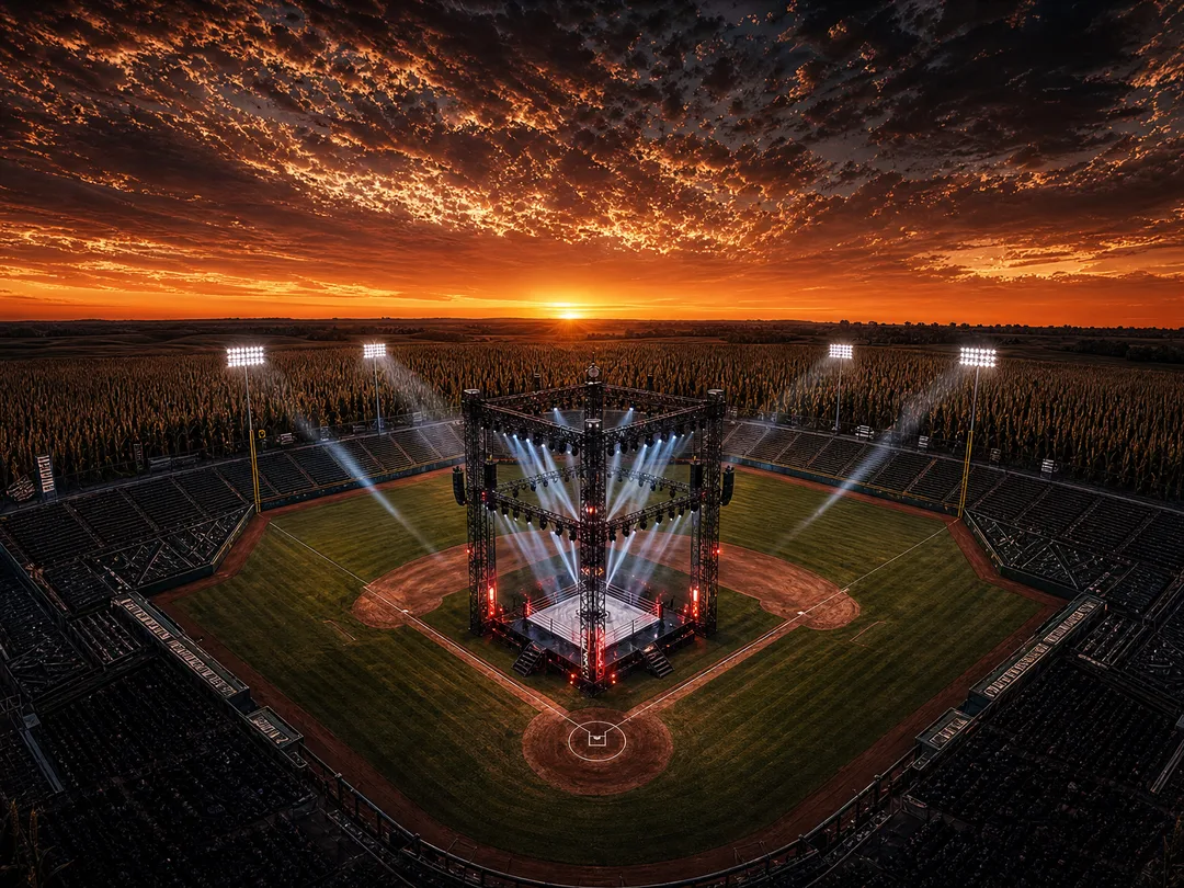 Boxing ring rigged with stage lighting at home plate of Constellation Field at sunset